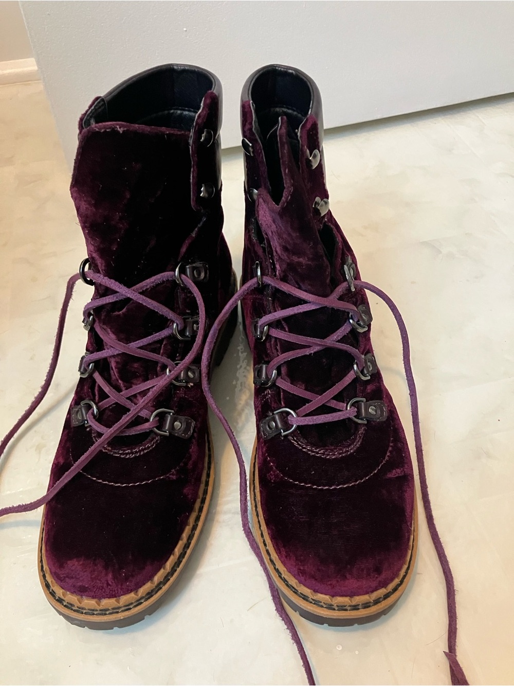 Sam Edelman maroon/ burgundy velvet combat boots.